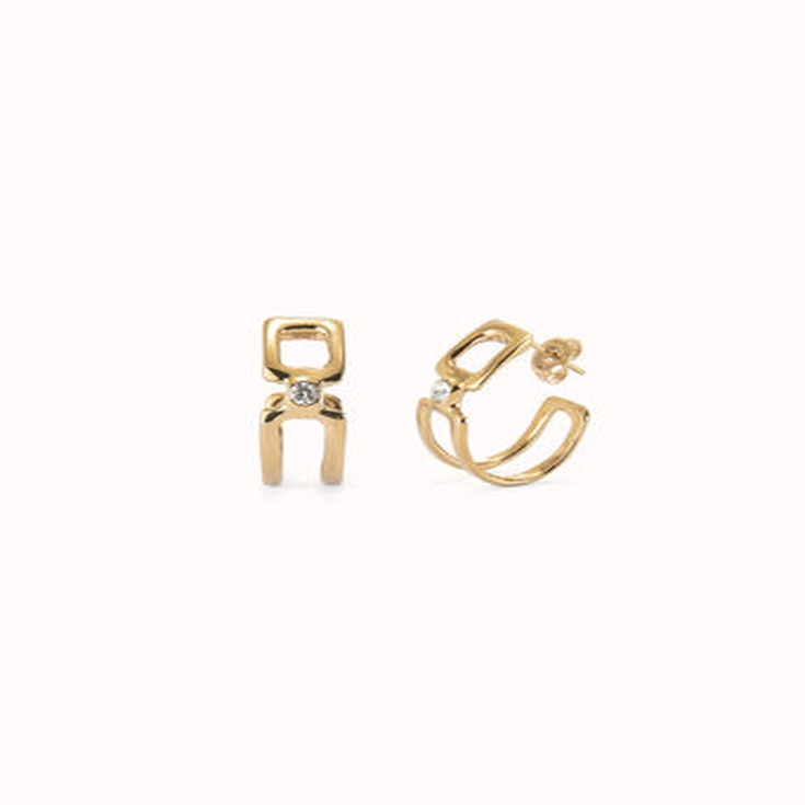 Pendientes aro doble bañados en oro 18k con topacio blanco, 